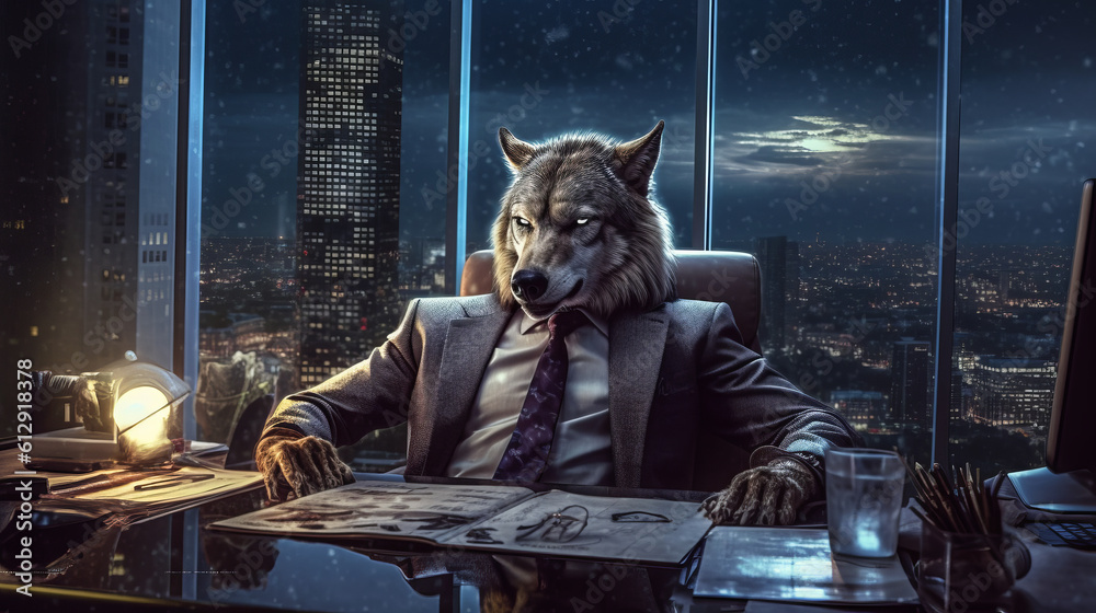 Wolf man, boss dog sits in an armchair in a dark office overlooking the night city. Created in AI.