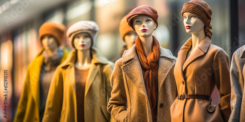 Female mannequins in autumn coats in the store. Generative Ai