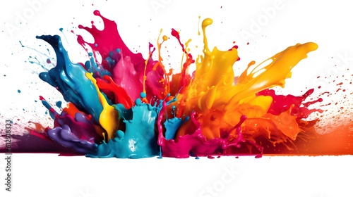 Abstract liquid color explosion colorful artistic yellow blue purple red orange splashing splatter drop at ground white background. Generative AI technology. © Riocool