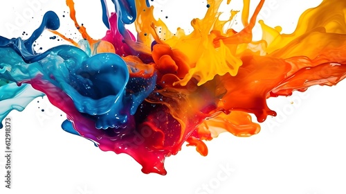 Abstract liquid color explosion colorful artistic yellow blue purple red orange splashing splatter in the air white background. Generative AI technology.