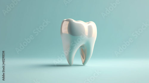 Perfect white tooth on a blue background, dentistry advertisement. Created in AI.