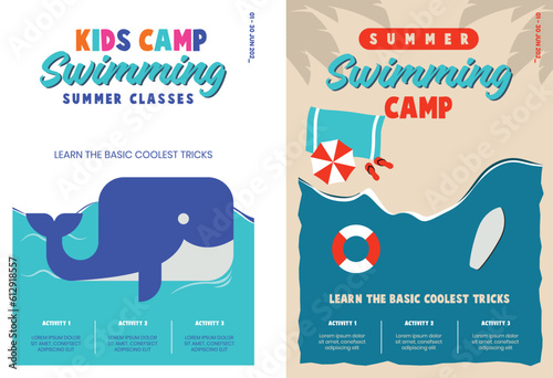 Kids summer swimming camp poster design, summer swimming classes for kids design template