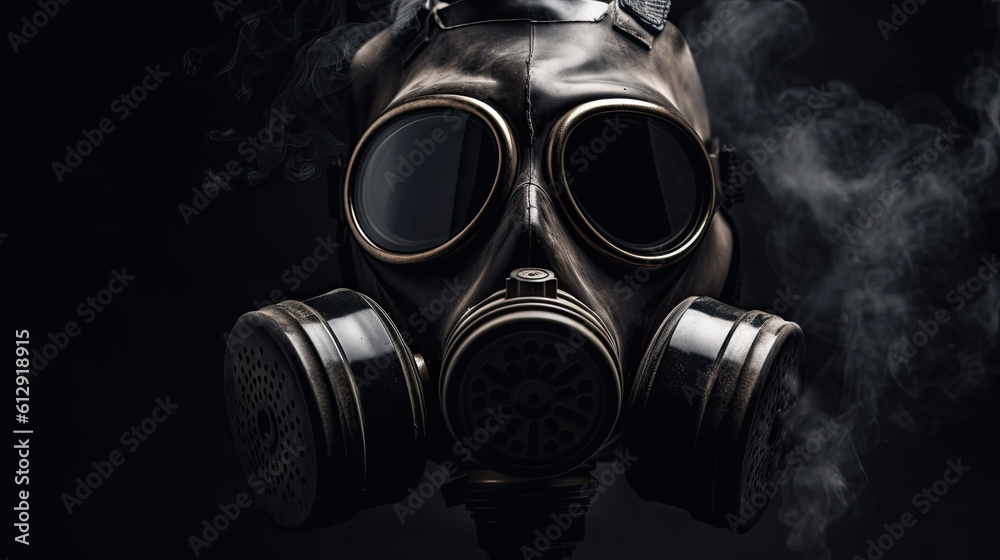 a gas mask isolated on black background. Generative AI