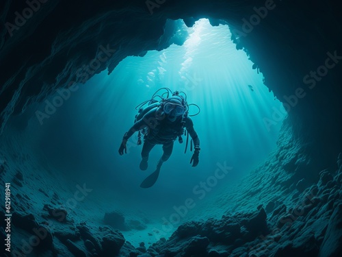 Scuba deep sea diver swimming in a deep ocean cavern. Generative AI 