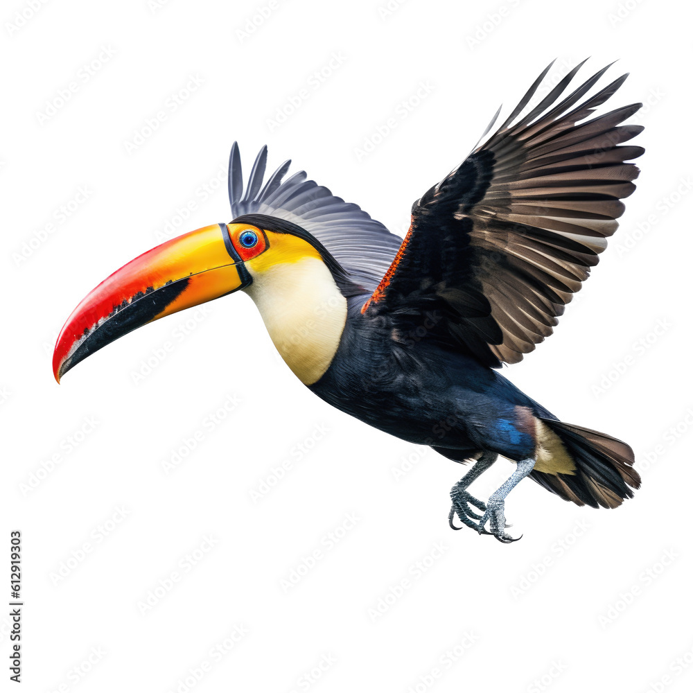 Fototapeta premium a Toco Toucan in-flight in various positions, rainforest clown, Wildlife-themed, photorealistic illustrations in a PNG, cutout, and isolated. Generative AI