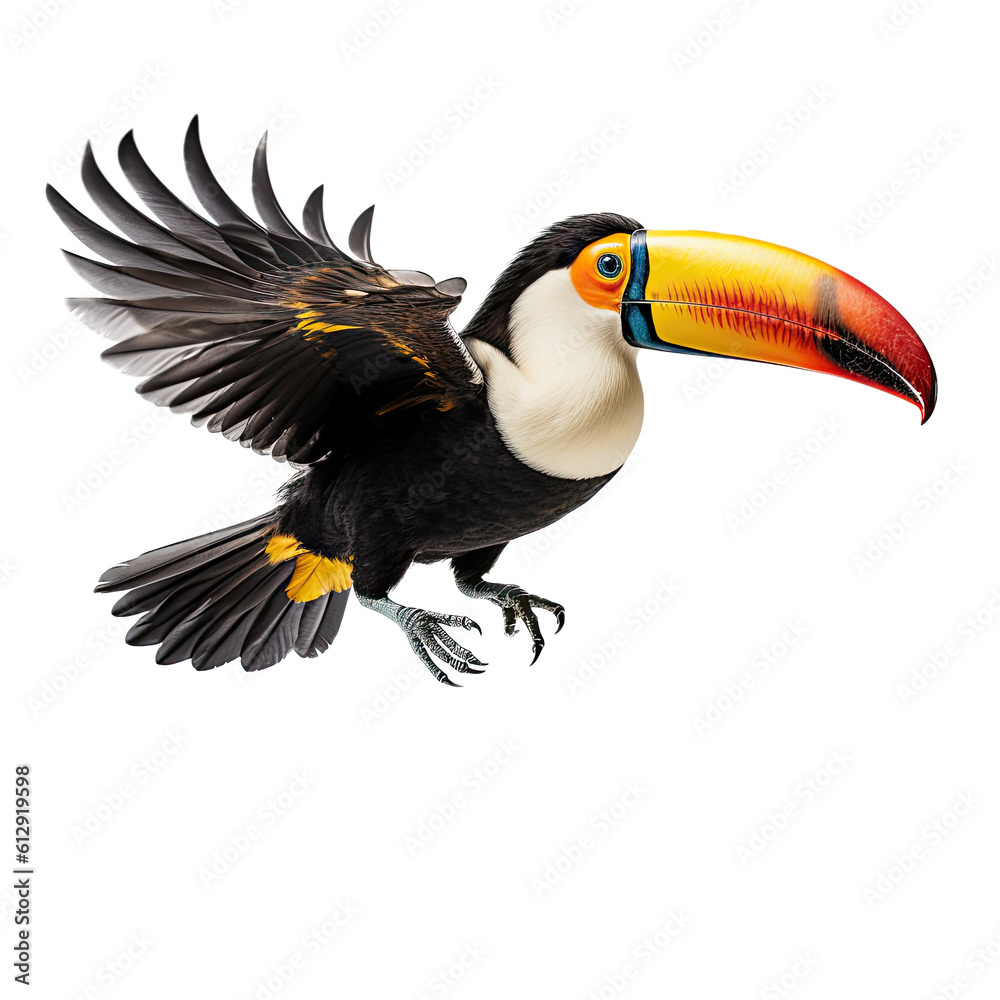 Fototapeta premium a Toco Toucan in flight, in various positions, rainforest clown, Wildlife-themed, photorealistic illustrations in a PNG, cutout, and isolated. Generative AI