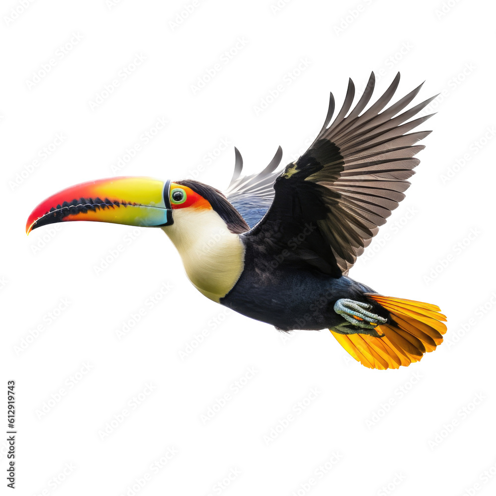 Fototapeta premium a Toco Toucan in flight, in various positions, rainforest clown, Wildlife-themed, photorealistic illustrations in a PNG, cutout, and isolated. Generative AI