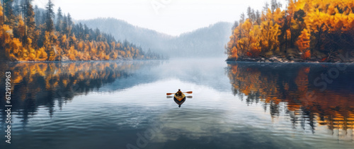 Person rowing on a calm lake in autumn, aerial view only small boat visible with serene water around - lot of empty copy space for text. Generative AI photo