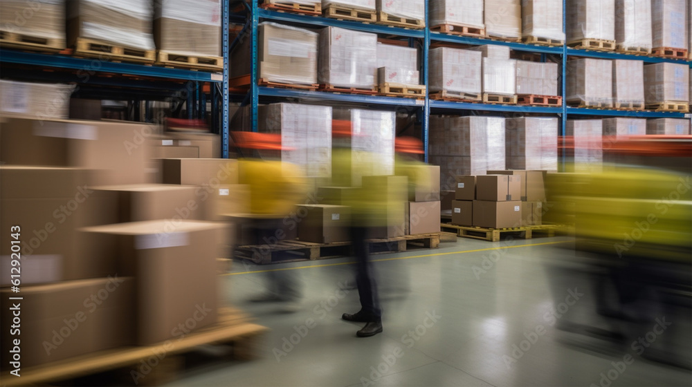 Showcasing the dynamics of international trade logistics, Blurred image of warehouse employees in action, moving shipment boxes efficiently, generative ai Showcasing the dynamics of international trade logistics, Blurred image of warehouse employees in action, moving shipment boxes efficiently, generative ai