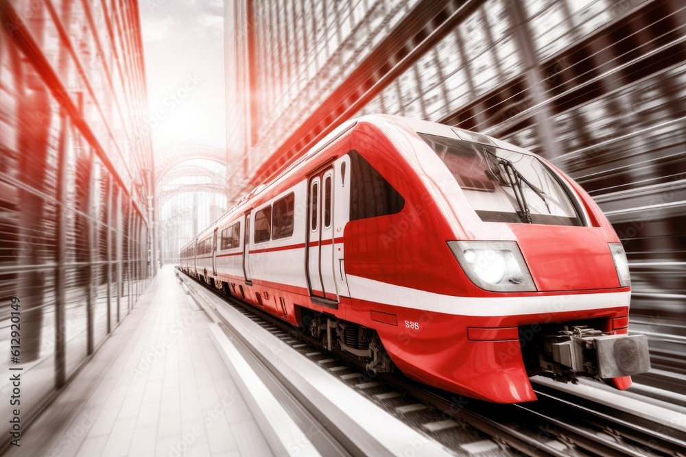 Fototapeta premium the front of a red and white train traveling in a building with a train track generative AI