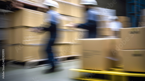 Showcasing the dynamics of international trade logistics, Blurred image of warehouse employees in action, moving shipment boxes efficiently, generative ai © © Ai Factory