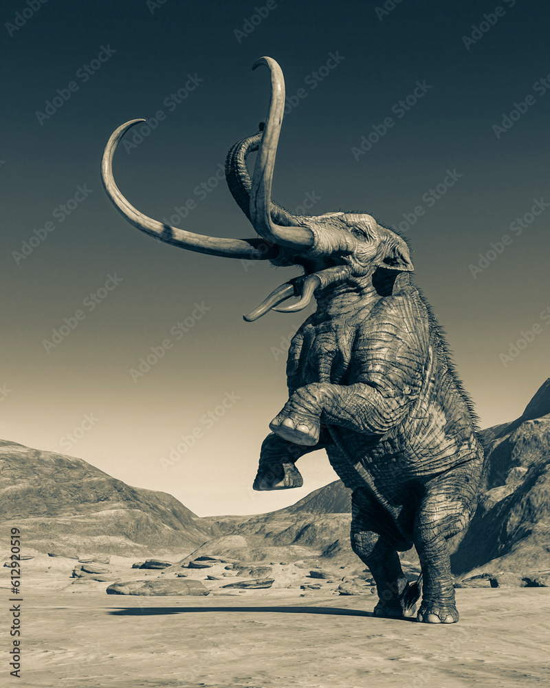 Fototapeta premium colossadon mammoth is prancing up on the dry desert in cool view