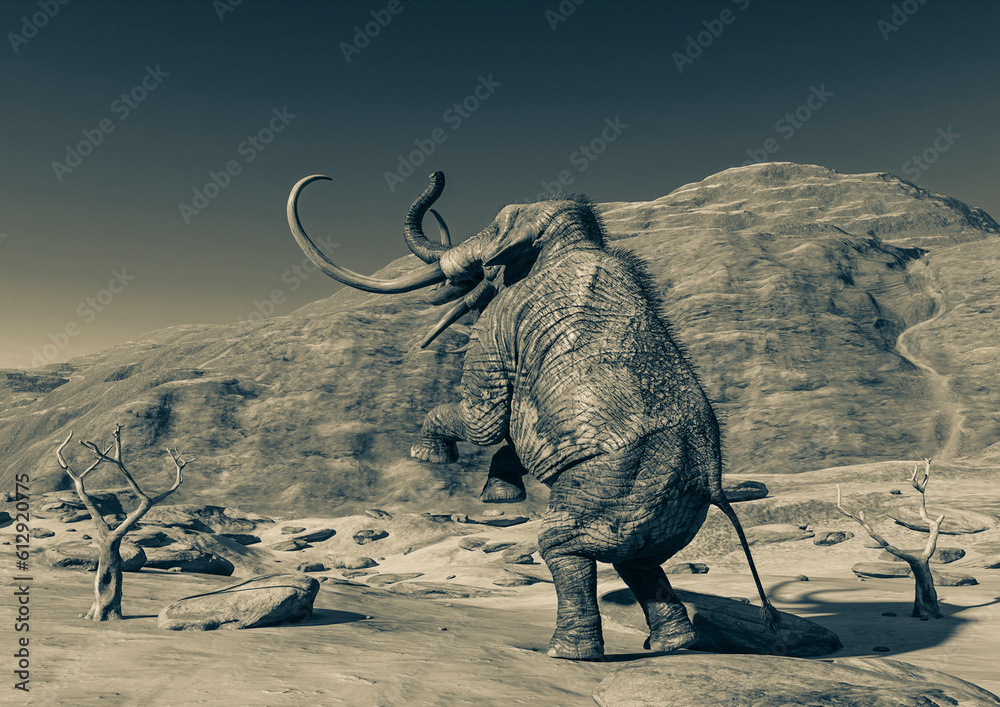 Fototapeta premium colossadon mammoth is prancing among the dead trees on the dry desert in rear view