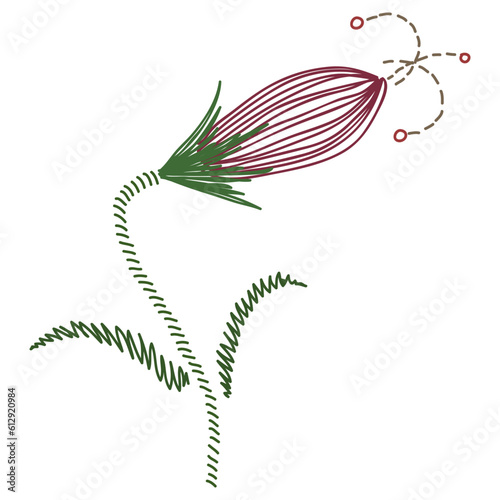 Embroidery Flower. Hand Drawing Tribal Floral Element. Stitch Sketch Drawn Plant. Vector illustration on transparent background.