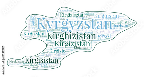 Kyrgyzstan shape filled with country name in many languages. Kyrgyzstan map in word cloud style. Astonishing vector illustration.