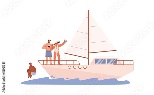 Group of tourists sailing on yacht flat cartoon vector illustration isolated.