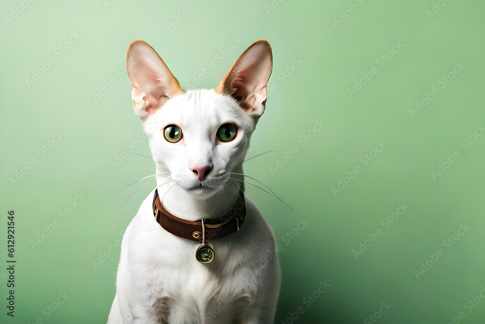 Cornish Rex cat on light green background