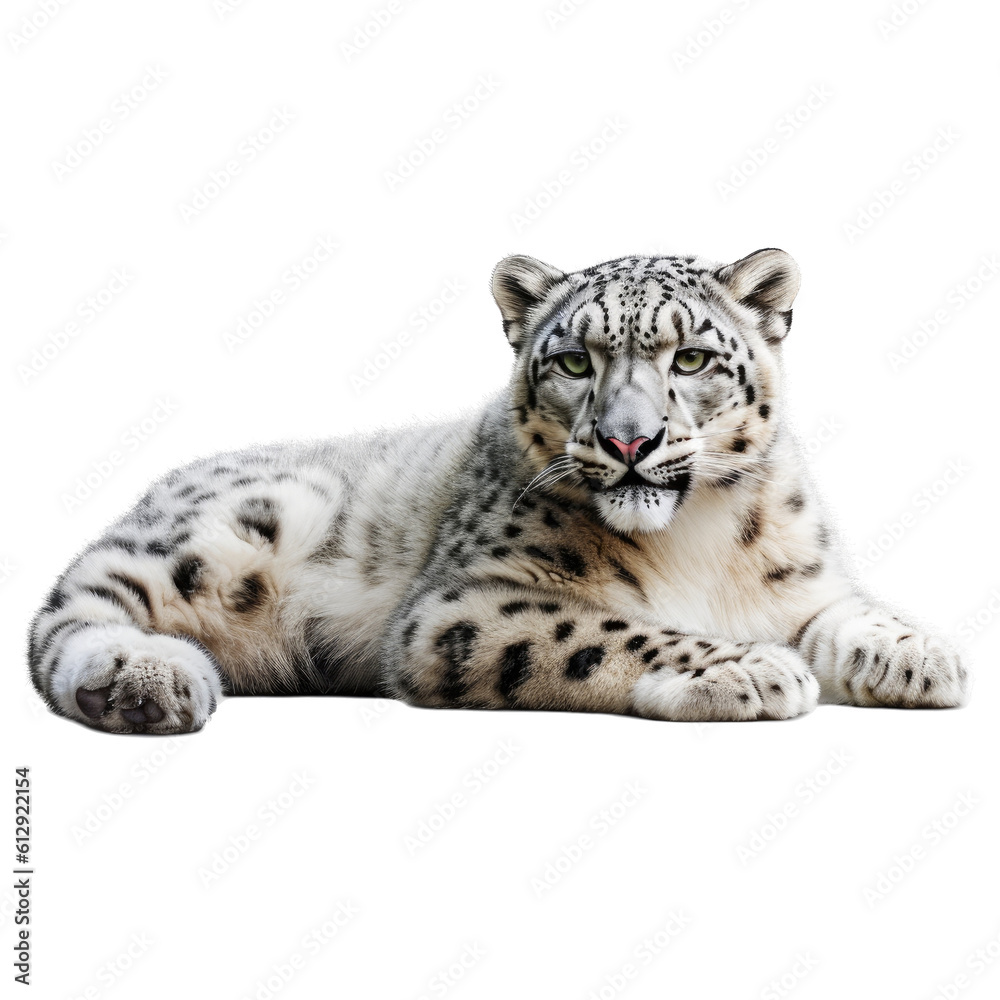 Obraz premium a Snow Leopard resting, full body, big cat, beautiful creature, Wildlife-themed, photorealistic illustrations in a PNG, cutout, and isolated. Generative AI