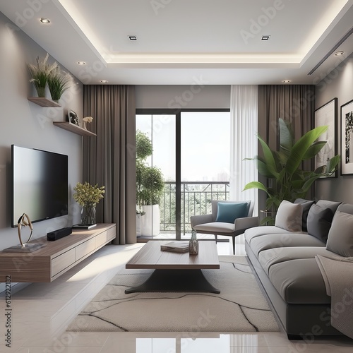 The living room decoration design is modern and simple  with a width of 4 meters and a length of 8 meters  and a balcony   AI Generated  