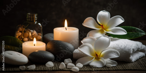 Spa  massage and body treatment composition  with  towels  candles and spa stones 