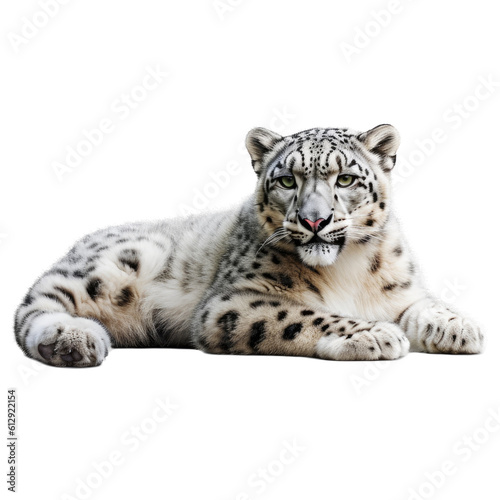 a Snow Leopard resting  full body  big cat  beautiful creature  Wildlife-themed  photorealistic illustrations in a PNG  cutout  and isolated. Generative AI