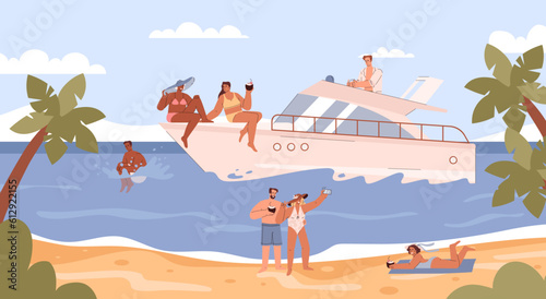 Happy people resting on seaside and yacht flat style, vector illustration