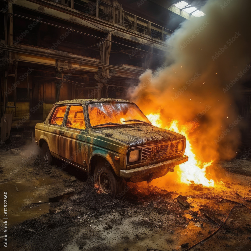 Obraz premium abandoned car wreck on fire, anarchy, revolt, urban war - by generative ai