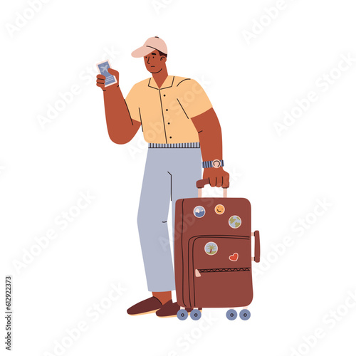 Worried man in cap with suitcase holding plane ticket flat style