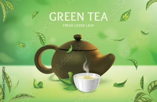 Realistic Detailed 3d Green Tea Fresh Loose Leaf Ads Banner Concept Poster Card with Teapot and Cup . Vector illustration