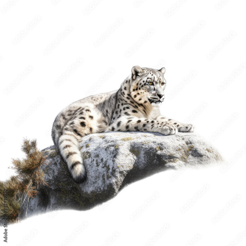Fototapeta premium a Snow Leopard resting on a rock with snow, full body, big cat, a majestic creature, Wildlife-themed, photorealistic illustrations in a PNG, cutout, and isolated. Generative AI