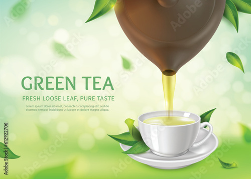 Realistic Detailed 3d Green Tea Fresh Loose Leaf Pure Taste Ads Banner Concept Poster Card with Teapot Pouring Tea into Cup. Vector illustration