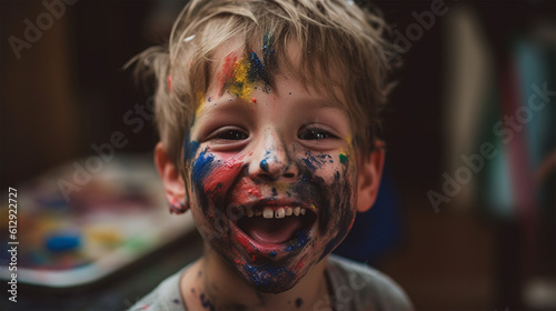 Happy Smiling boy child with paint on face close up photo, made with generative ai