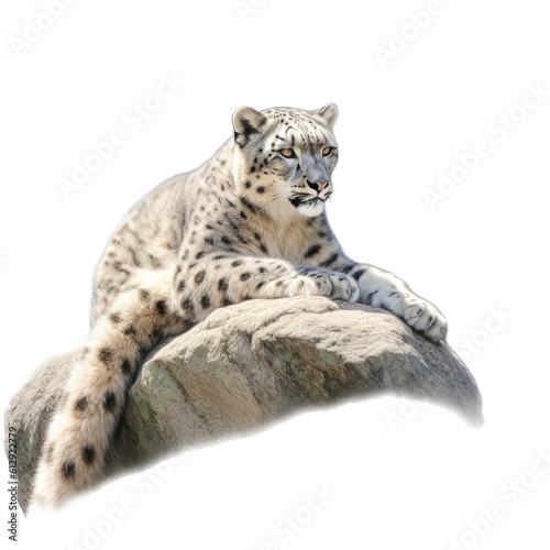a Snow Leopard resting on a rock with snow, full body, big cat, a majestic creature, Wildlife-themed, photorealistic illustrations in a PNG, cutout, and isolated. Generative AI