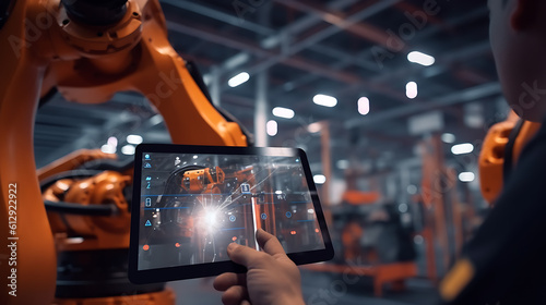 Inside the heavy industry factory male industrial worker works on personal tablet.Created with Generative AI technology.