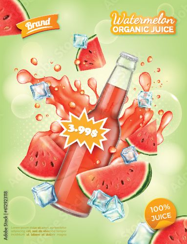 Realistic Detailed 3d Watermelon Organic Juice Bottle with Splash Ads Banner Concept Poster Card. Vector illustration
