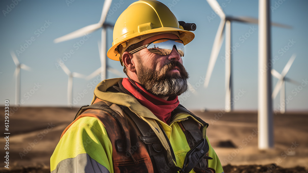 Male engineer standing in the background of wind turbines generating electricity.Created with Generative AI technology. Male engineer standing in the background of wind turbines generating electricity.Created with Generative AI technology.