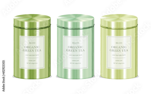 Realistic Detailed 3d Organic Green Tea Metal Tin and Lid with Label Design Mockup Set. Vector illustration