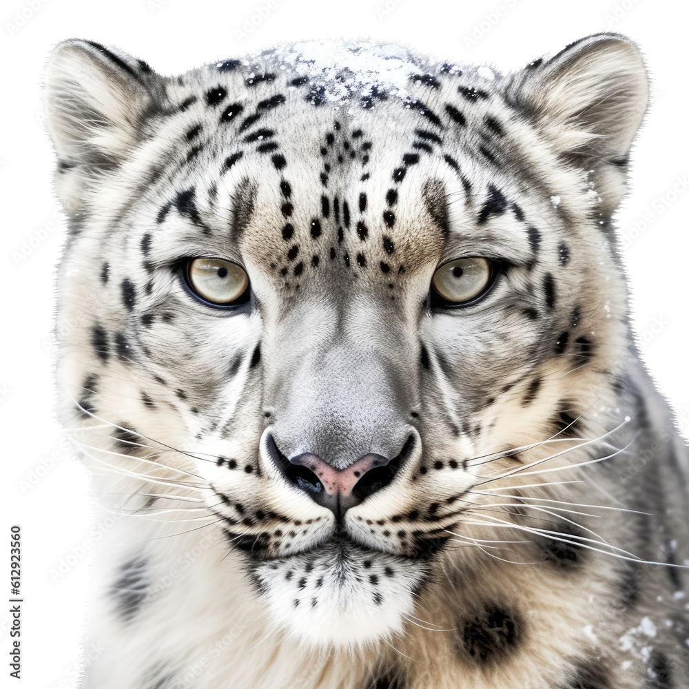 describing a Snow Leopard portrait, full face, big cat, majestic