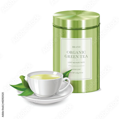 Realistic Detailed 3d Organic Green Tea Metal Tin and Full Cup and Saucer Set. Vector illustration