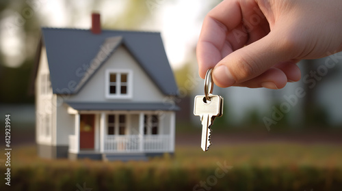 Young man holds a keysin front of the mini model of new house.Created with Generative AI technology.