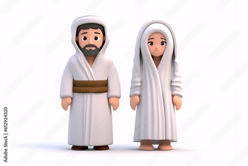 Husband and wife in Ihram dress for the occasion of Hajj with a white background, generative ai