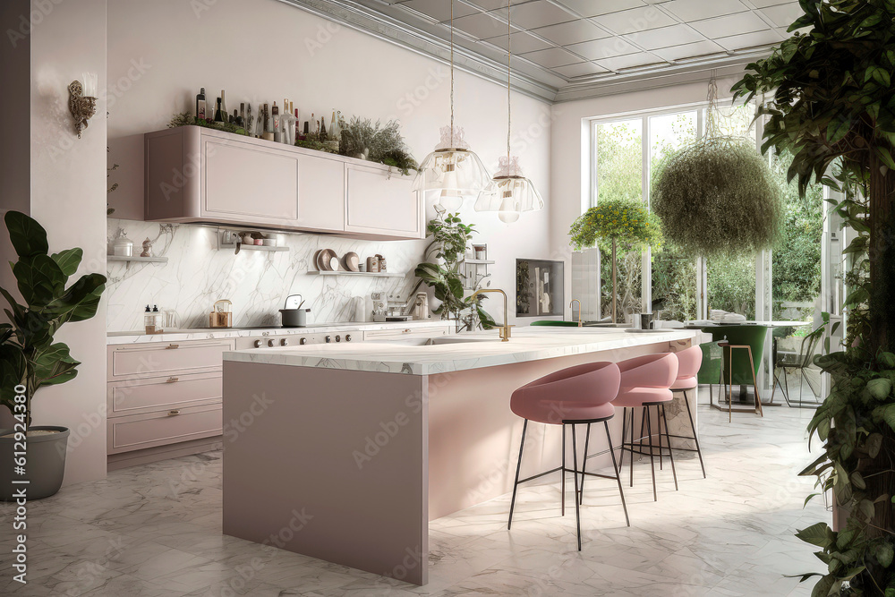 Generative AI illustration of Luxury Kitchen with center island and bar stools and pastel kitchen furniture