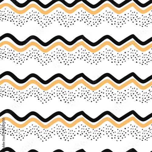 Hand drawn irregular geometric vector pattern with yellow and black wavy lines and dots on a white background.