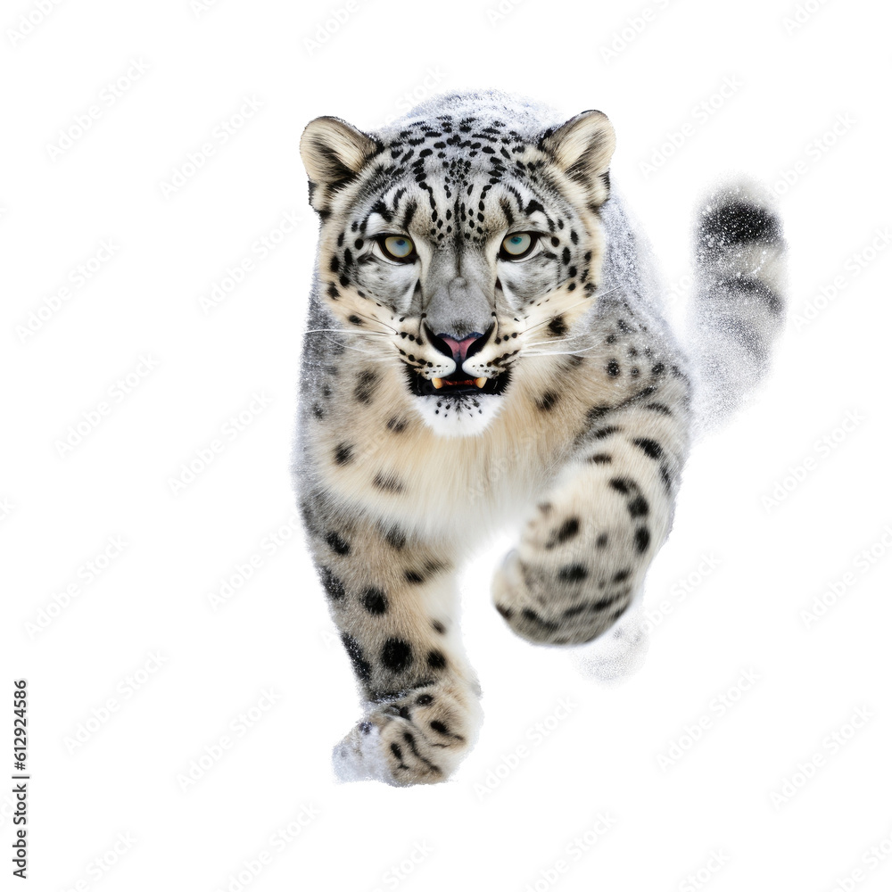 a Snow Leopard running, front view, full body, aggressive, Wildlife-themed, photorealistic illustrations in a PNG, cutout, and isolated. Generative AI a Snow Leopard running, front view, full body, aggressive, Wildlife-themed, photorealistic illustrations in a PNG, cutout, and isolated. Generative AI