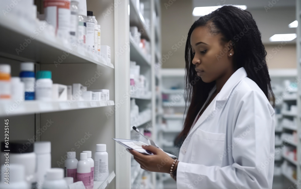 Black female pharmacist working in local pharmacy