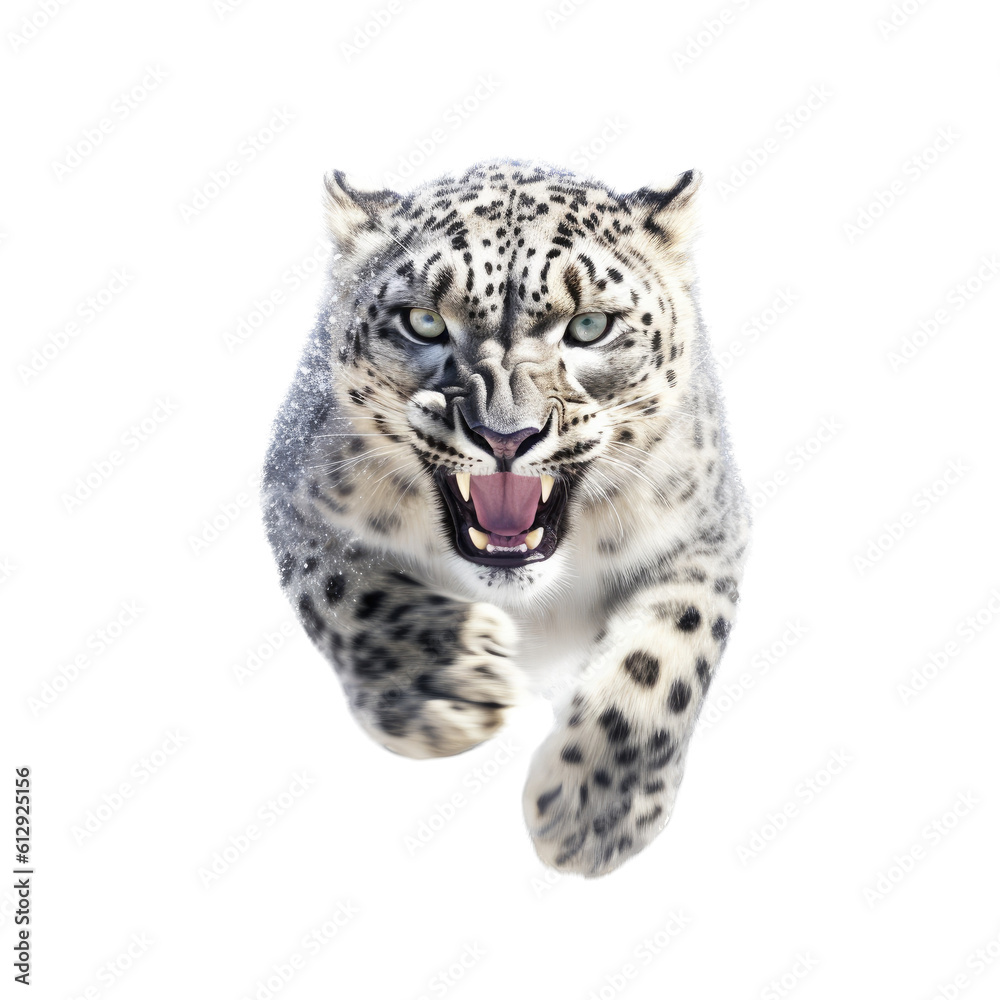  a Snow Leopard running, front view, full body, aggressive, Wildlife-themed, photorealistic illustrations in a PNG, cutout, and isolated. Generative AI