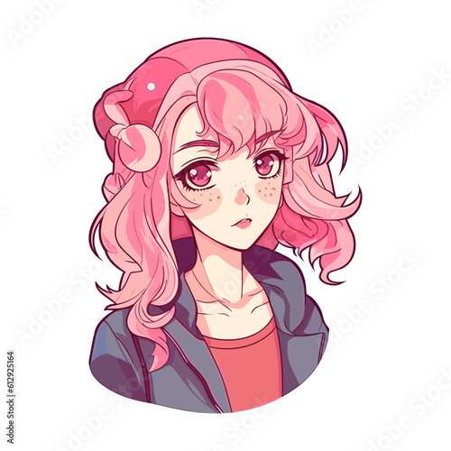 Vector illustration girl with pink hair japaneese anime style with big eyes Manga Anime cute girl Cartoon trendy sticker isolated