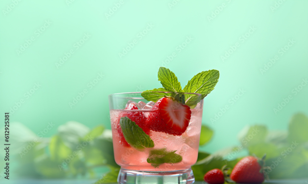 Fresh strawberry cocktail in glass with mint on green background in color lime green. Empty space. Generative Ai content Fresh strawberry cocktail in glass with mint on green background in color lime green. Empty space. Generative Ai content