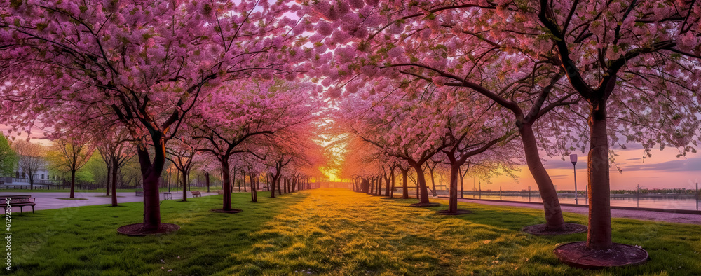 Spring banner, branches of blossoming cherry against background of blue sky and butterflies on nature outdoors. Generative AI