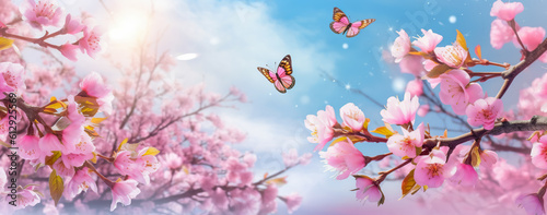 Spring banner, branches of blossoming cherry against background of blue sky and butterflies on nature outdoors. Generative AI